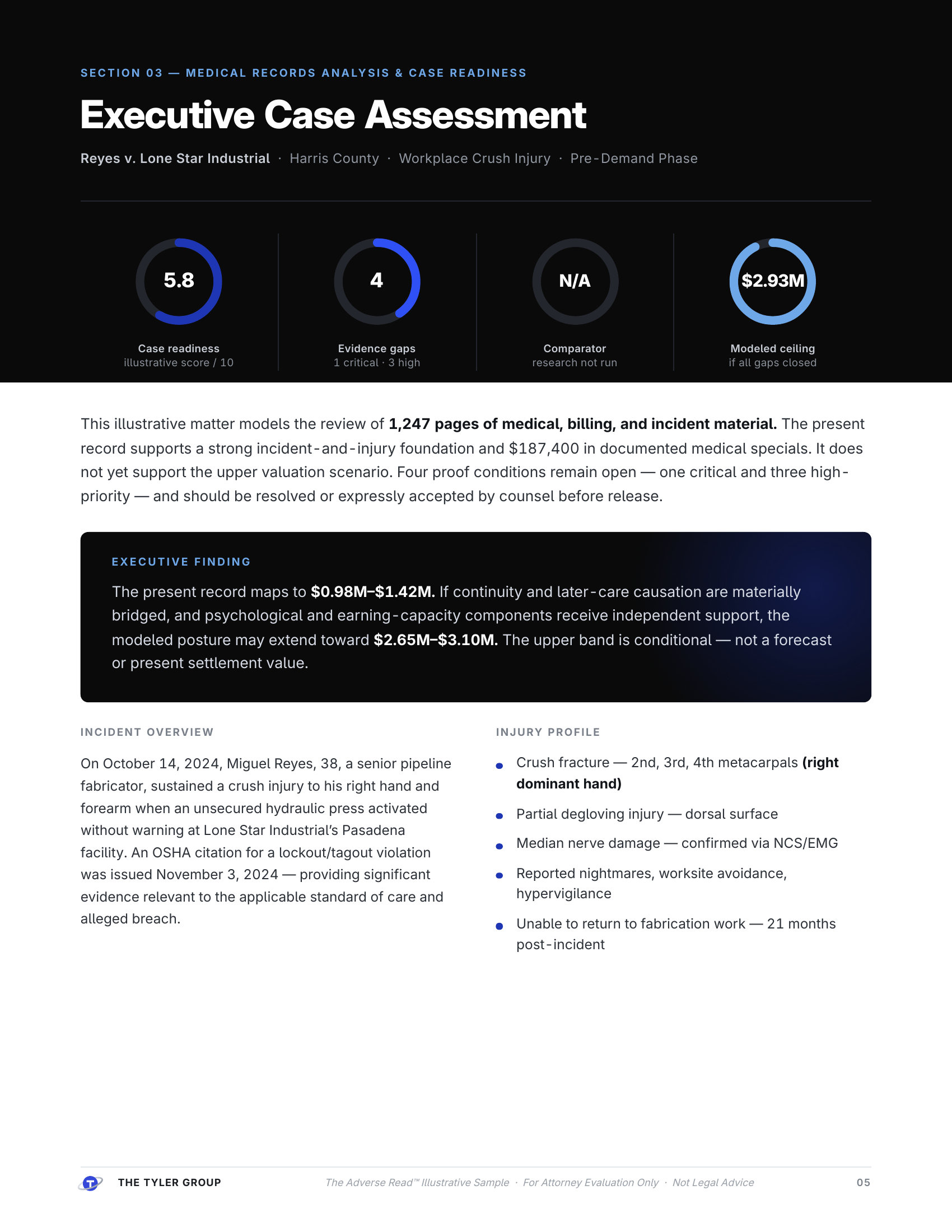 Executive Assessment — stat rings and case summary